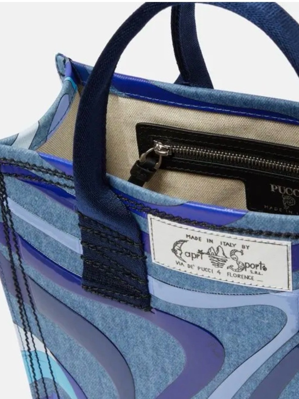 Emilio Pucci Marmo Tote Bag Blue Denim Leather Trim Made in Italy NEW NWT - Picture 3 of 8